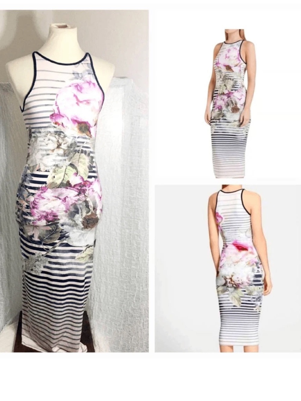 Ted Baker Striped Floral Sleeveless Fully Lined Maxi Dress - Pink, Black & Cream